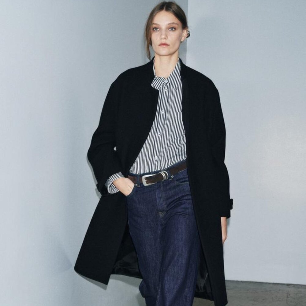 ZARA ZW Collection Wool Blend Coat – Dark Navy Size Small Tailored Quiet Luxury